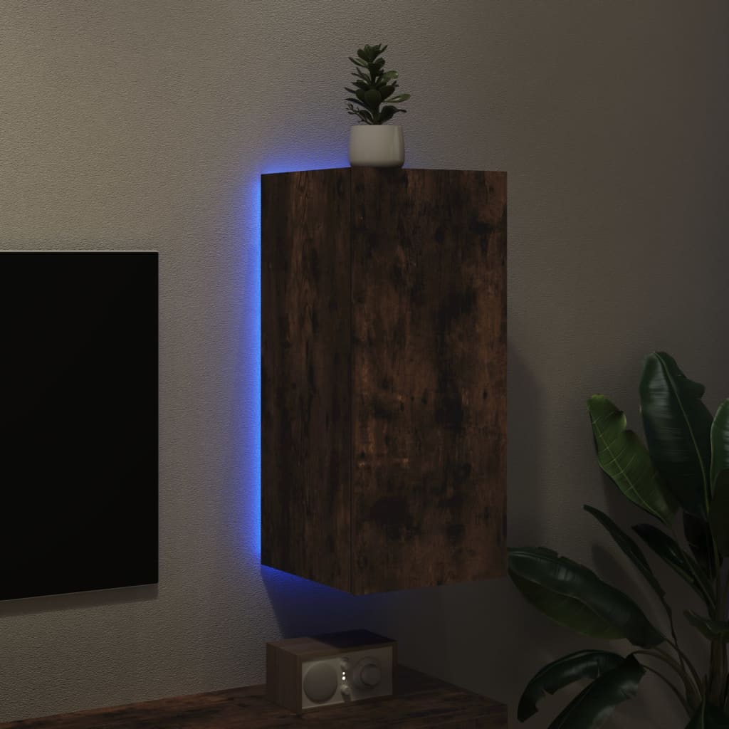 Mobile TV a Parete con Luci LED Rovere Fumo 30,5x35x70 cm - homemem39