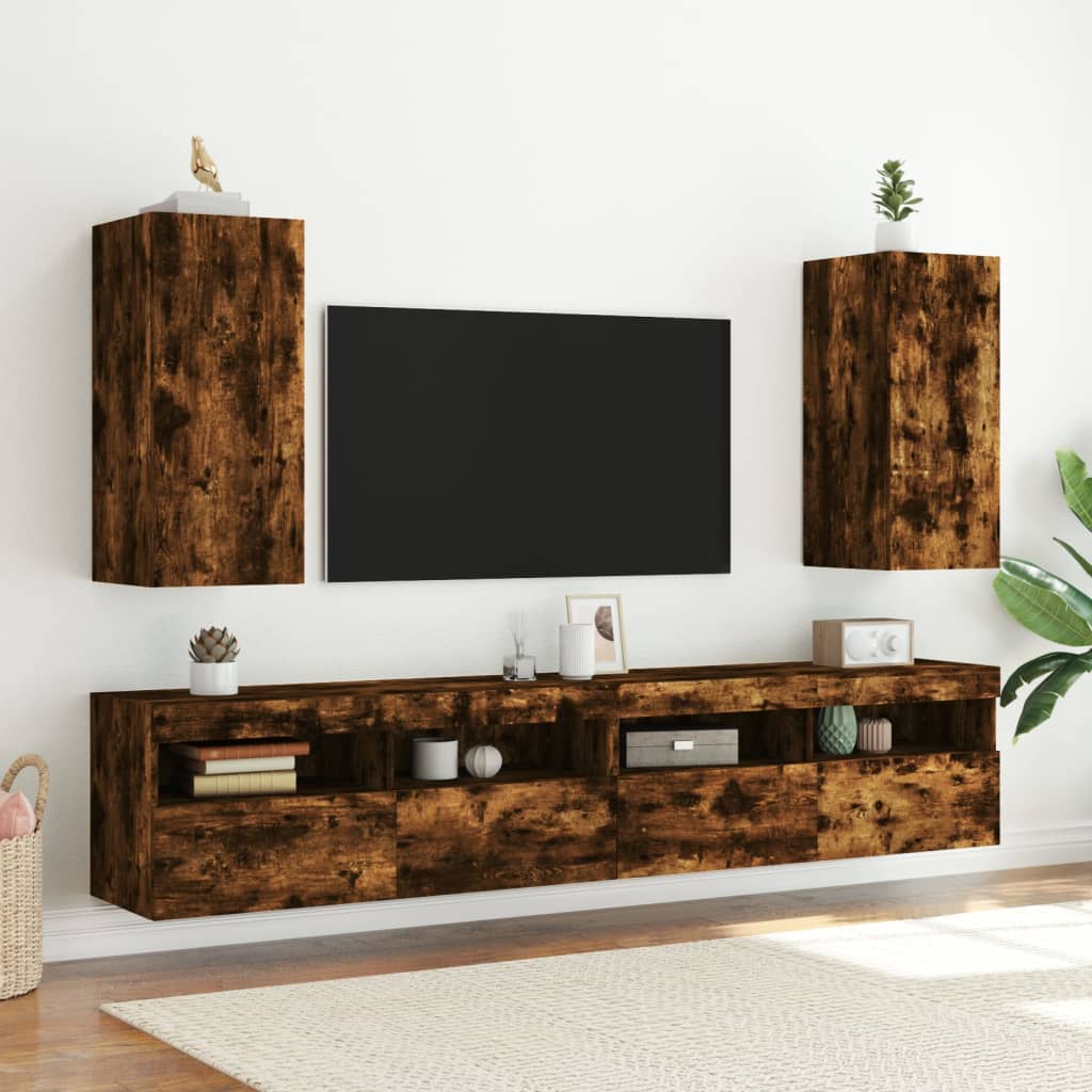 Mobile TV a Parete con Luci LED Rovere Fumo 30,5x35x70 cm - homemem39