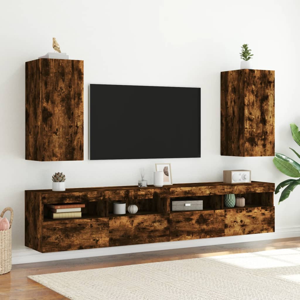 Mobili TV a Parete con Luci LED 2pz Rovere Fumo 30,5x35x70 cm - homemem39