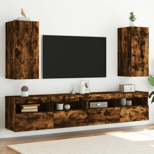 Mobili TV a Parete con Luci LED 2pz Rovere Fumo 30,5x35x70 cm - homemem39