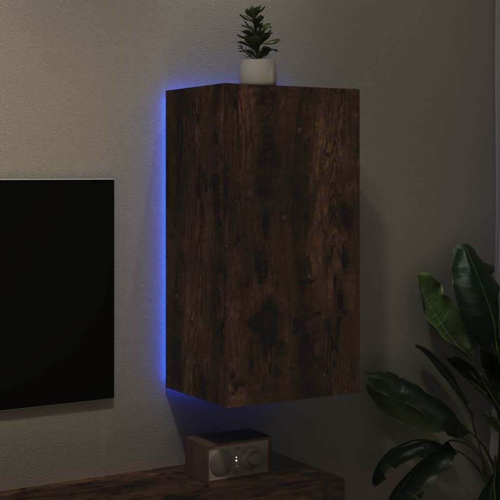 Mobile TV a Parete con Luci LED Rovere Fumo 40,5x35x80 cm - homemem39