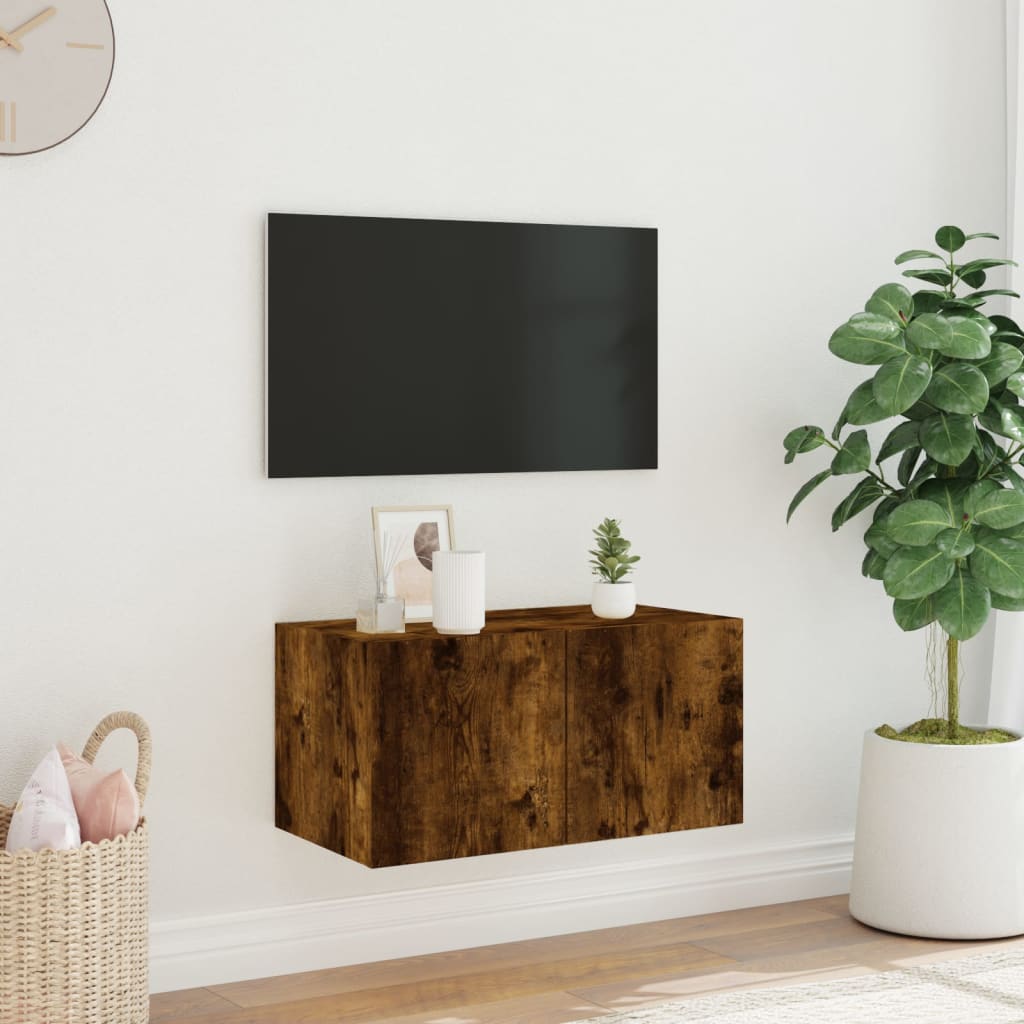 Mobile TV a Parete con Luci LED Rovere Fumo 60x35x31 cm - homemem39