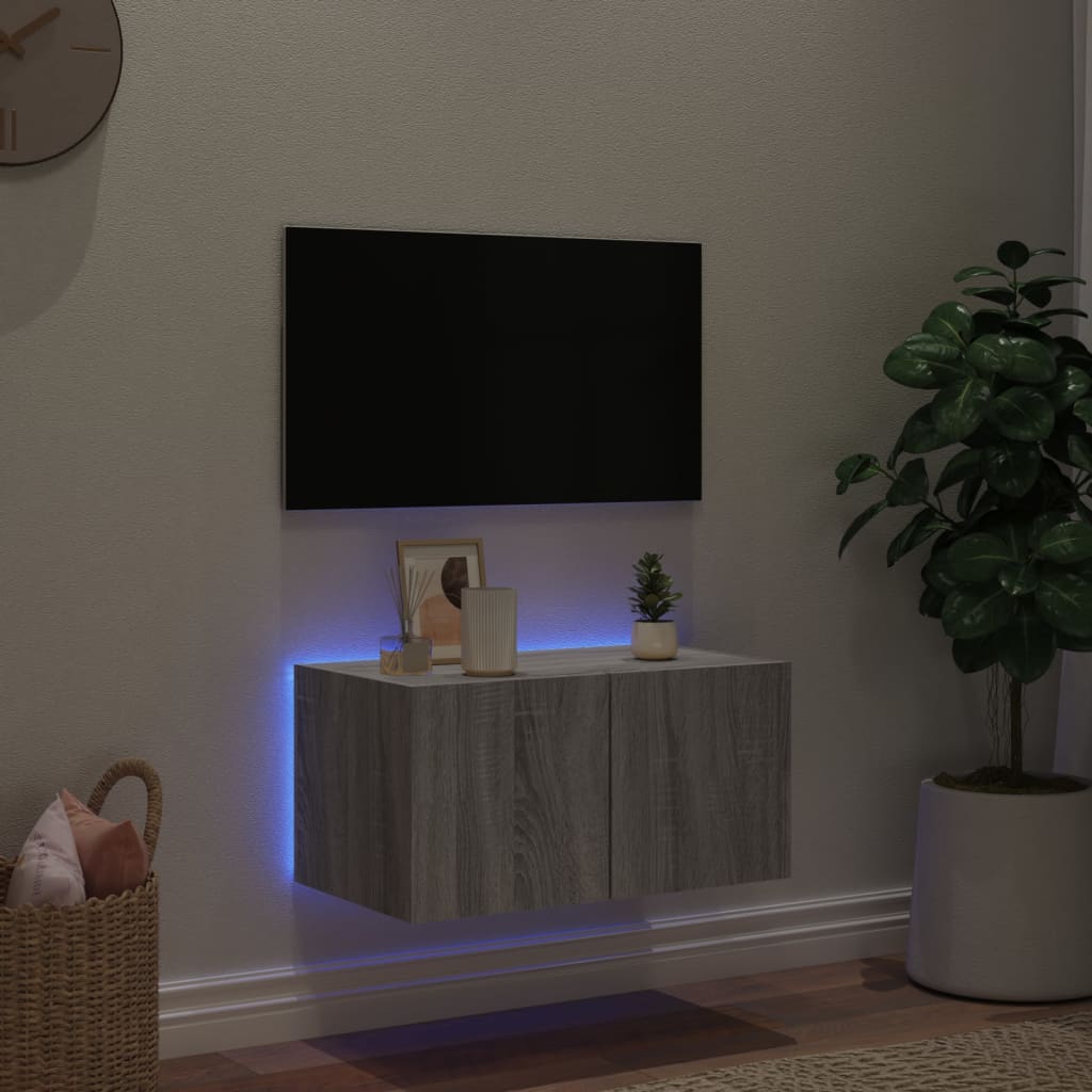 Mobile TV a Parete con Luci LED Grigio Sonoma 60x35x31 cm - homemem39