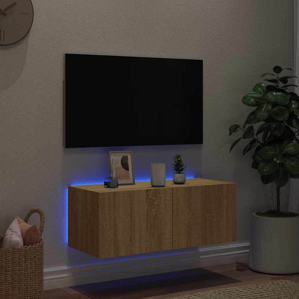 Mobile TV a Parete con Luci LED Rovere Sonoma 80x35x31 cm - homemem39