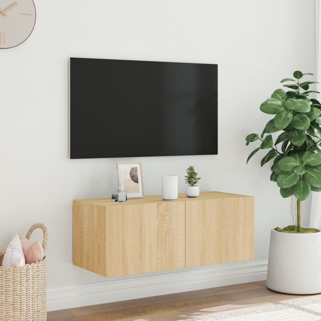 Mobile TV a Parete con Luci LED Rovere Sonoma 80x35x31 cm - homemem39