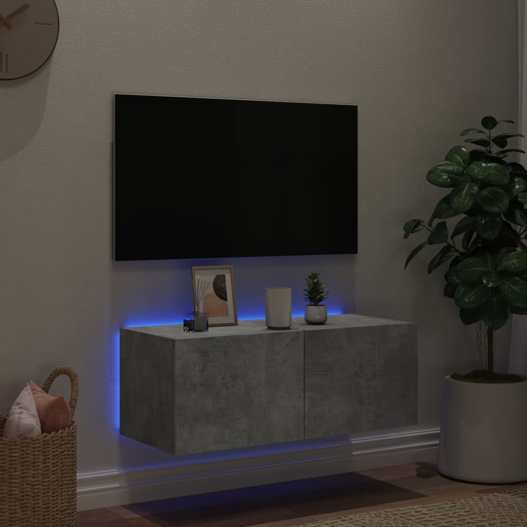 Mobile TV a Parete con Luci LED Grigio Cemento 80x35x31 cm - homemem39