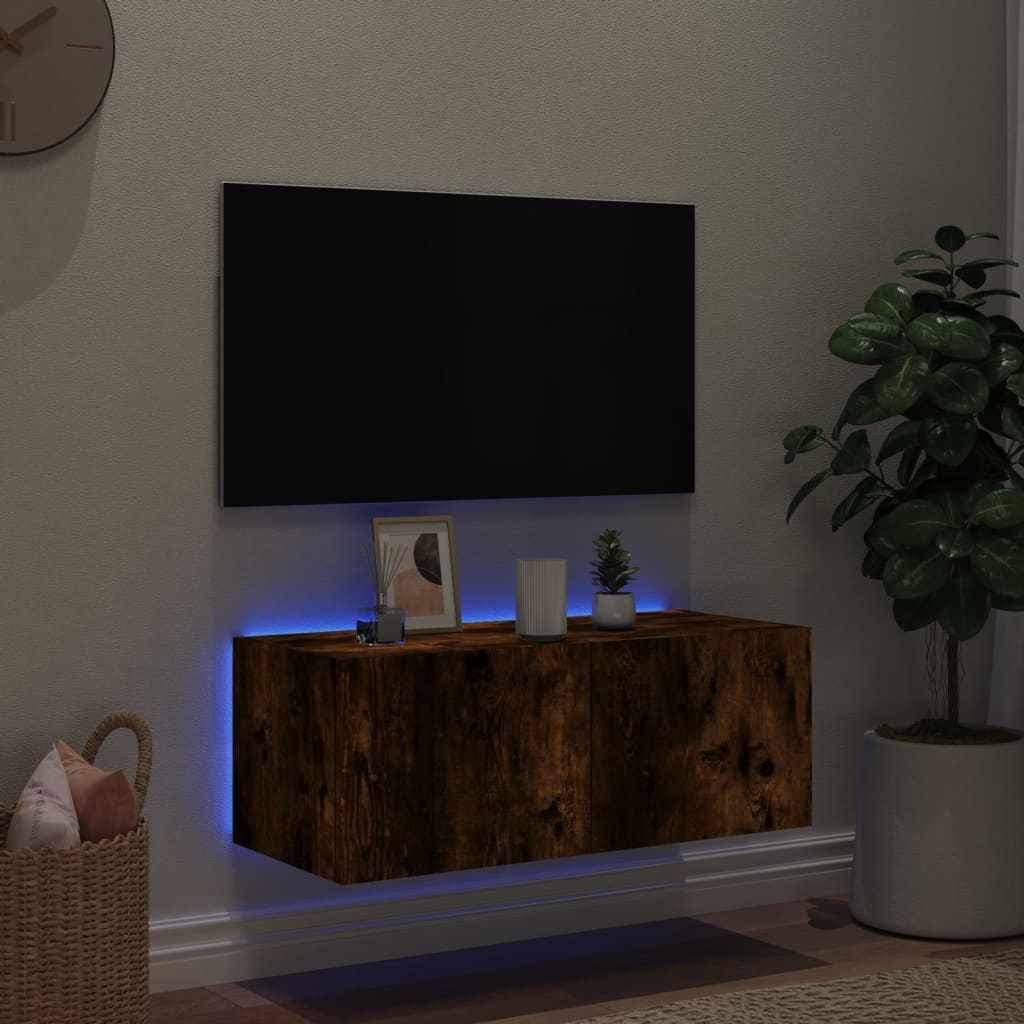 Mobile TV a Parete con Luci LED Rovere Fumo 80x35x31 cm - homemem39