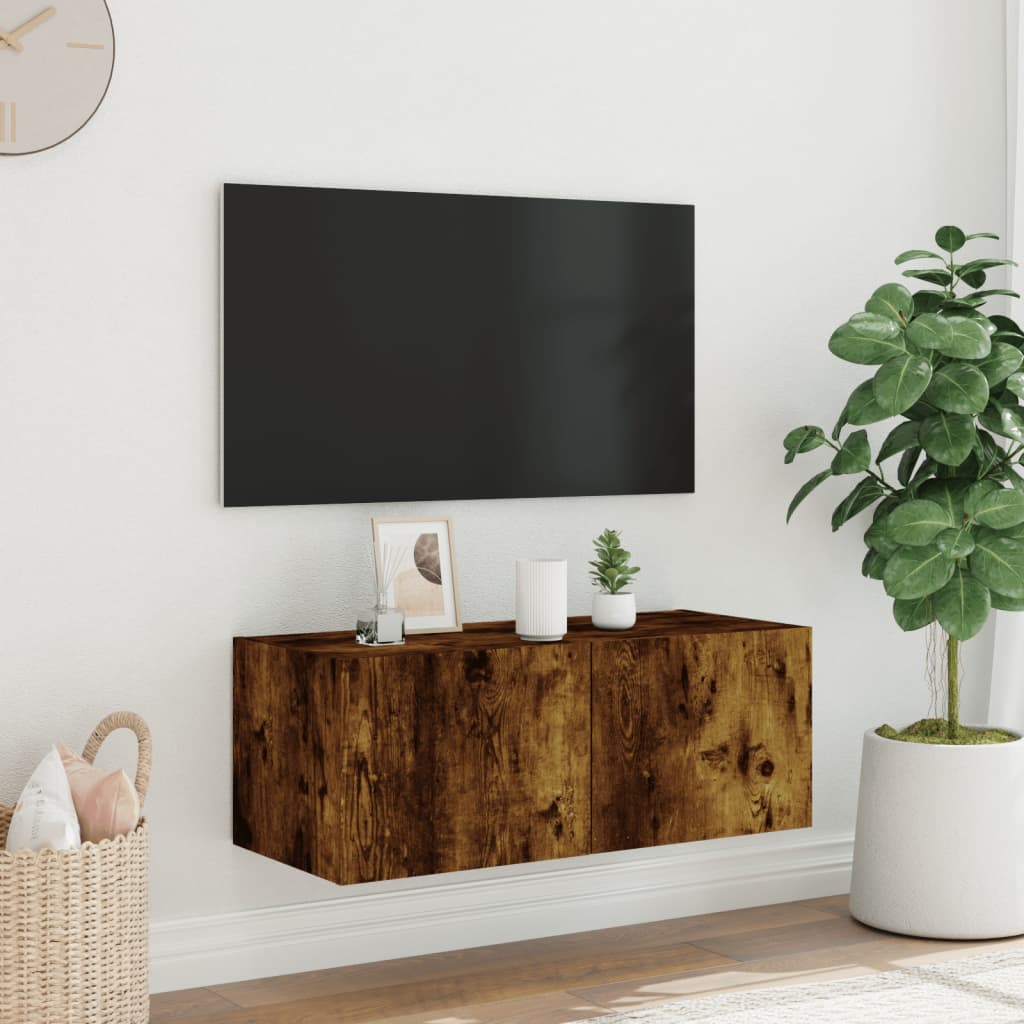 Mobile TV a Parete con Luci LED Rovere Fumo 80x35x31 cm - homemem39