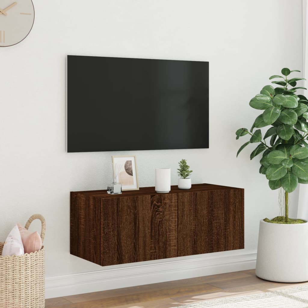 Mobile TV a Parete con Luci LED Rovere Marrone 80x35x31 cm - homemem39