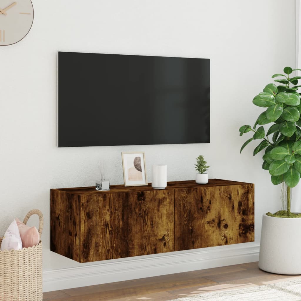 Mobile TV a Parete con Luci LED Rovere Fumo 100x35x31 cm - homemem39