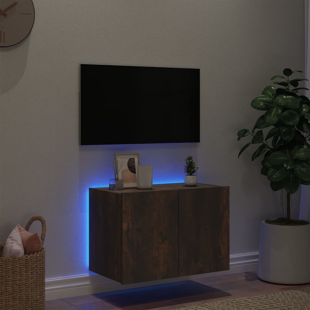 Mobile TV a Parete con Luci LED Rovere Fumo 60x35x41 cm - homemem39