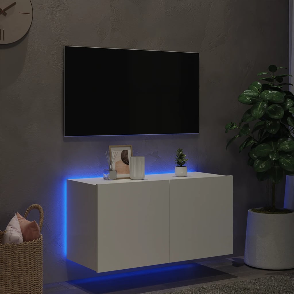 Mobile TV a Parete con Luci LED Bianco 80x35x41 cm - homemem39