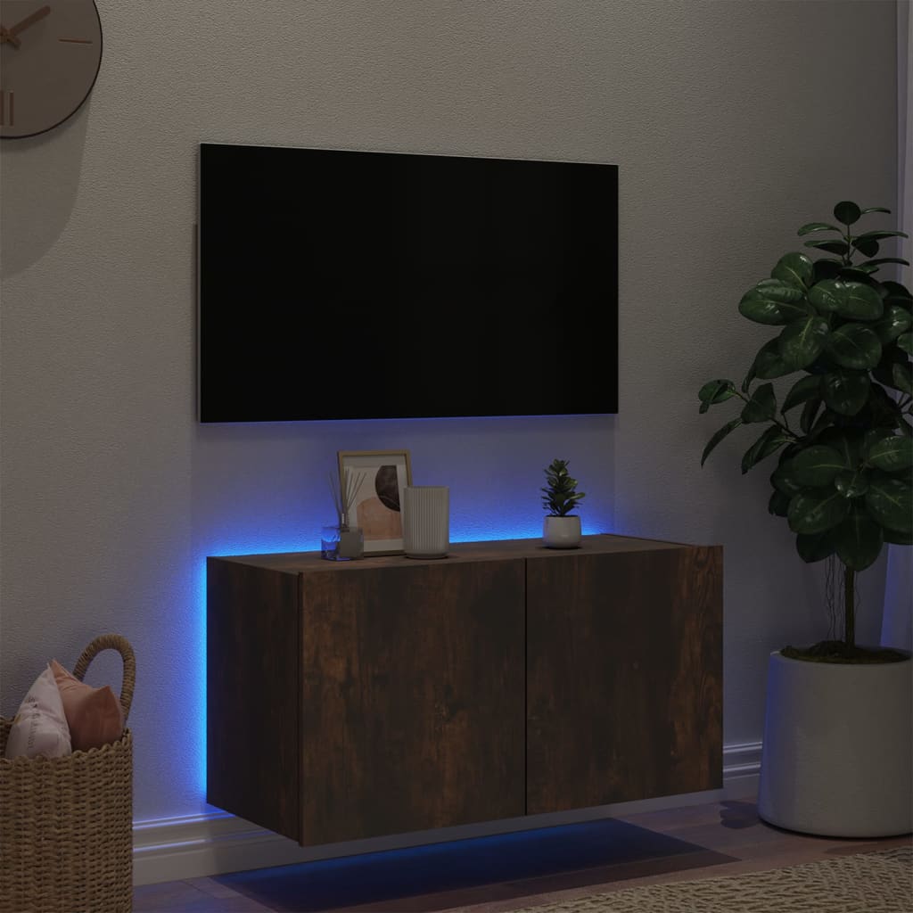 Mobile TV a Parete con Luci LED Rovere Fumo 80x35x41 cm - homemem39