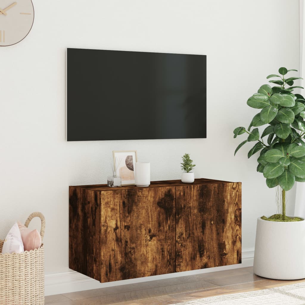 Mobile TV a Parete con Luci LED Rovere Fumo 80x35x41 cm - homemem39