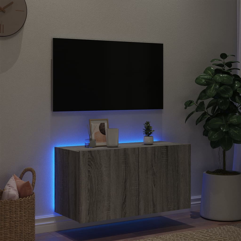 Mobile TV a Parete con Luci LED Grigio Sonoma 80x35x41 cm - homemem39