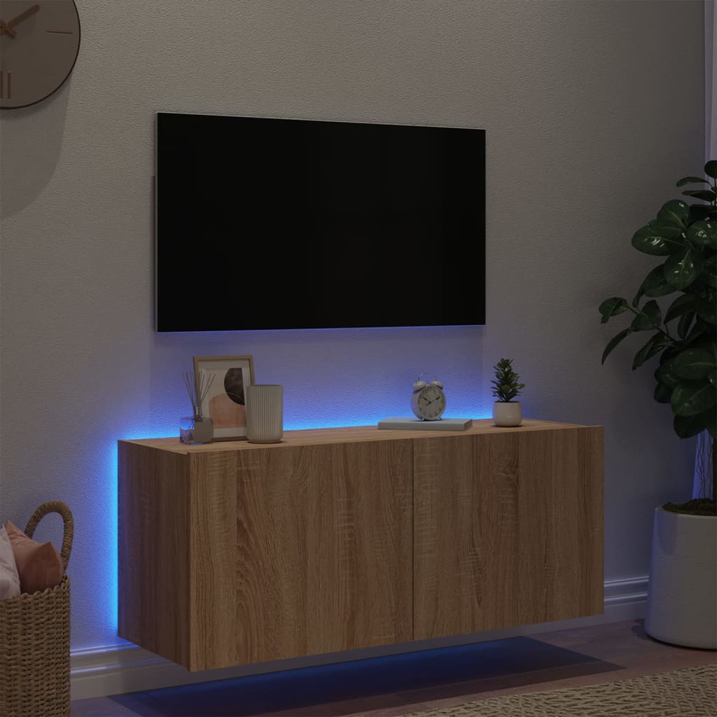 Mobile TV a Parete con Luci LED Rovere Sonoma 100x35x41 cm - homemem39