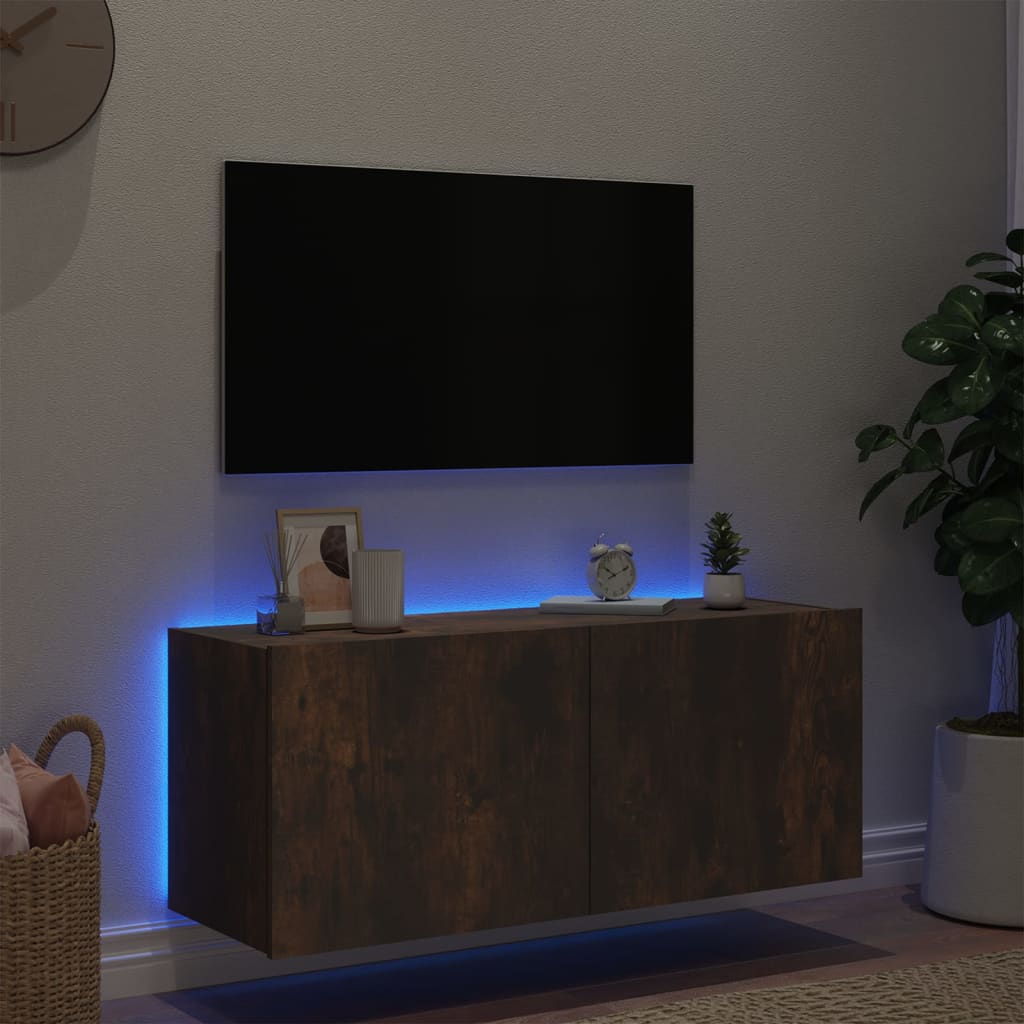 Mobile TV a Parete con Luci LED Rovere Fumo 100x35x41 cm - homemem39