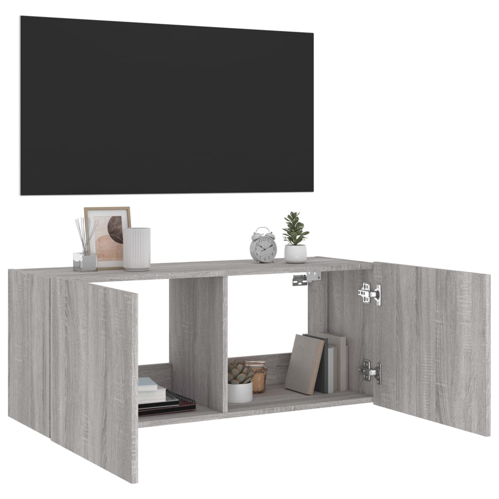 Mobile TV a Parete con Luci LED Grigio Sonoma 100x35x41 cm - homemem39