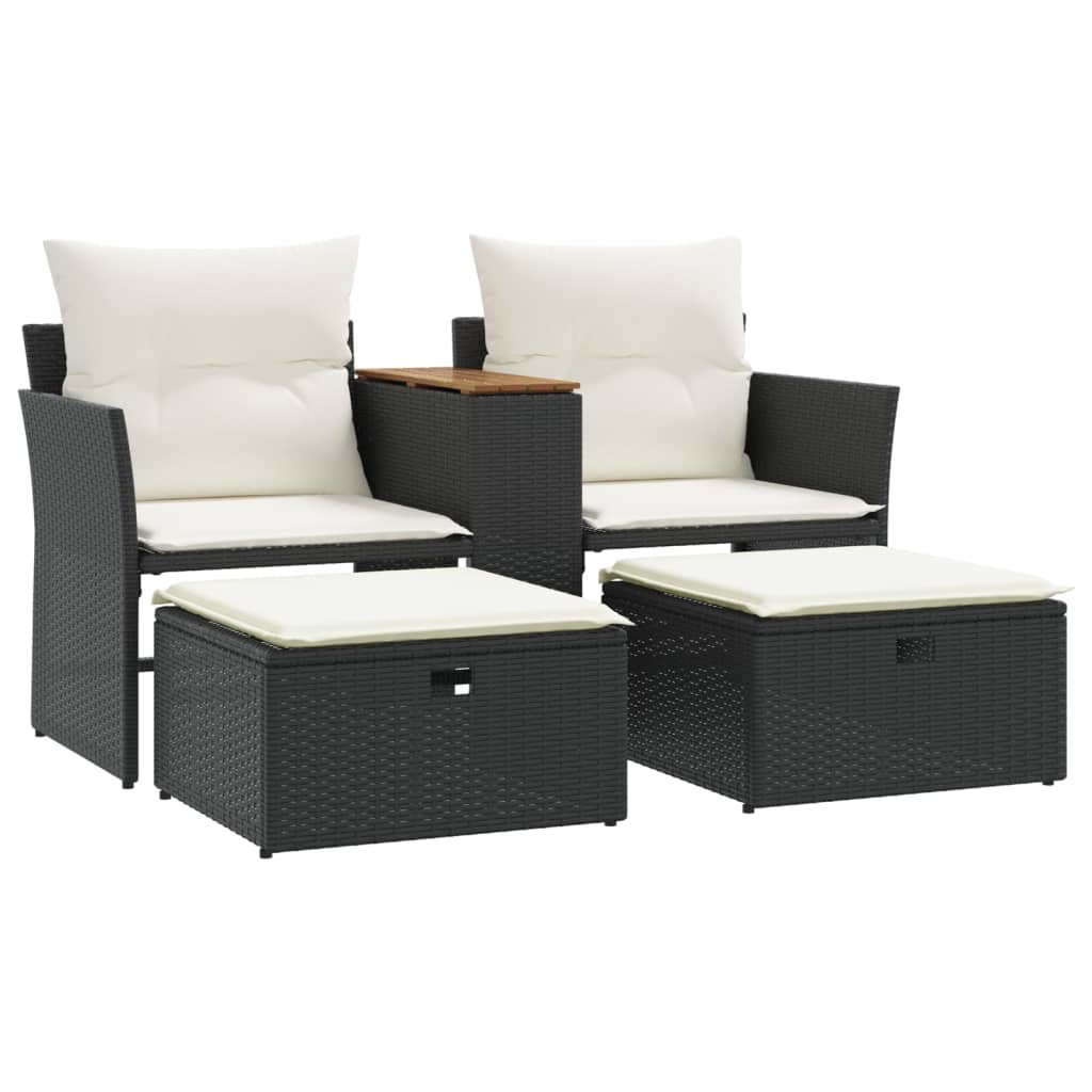 Divano da Giardino 2 Posti con Sgabelli Nero in Polyrattan - homemem39