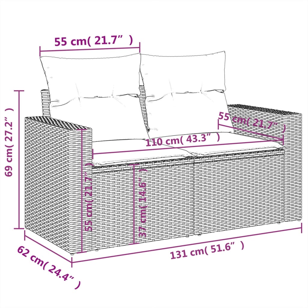 Divano da Giardino con Cuscini a 2 Posti Nero in Polyrattan - homemem39