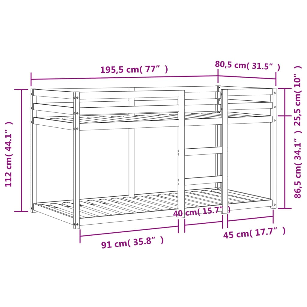 Letto a Castello Marrone Cera 75x190 cm in Legno di Pino - homemem39