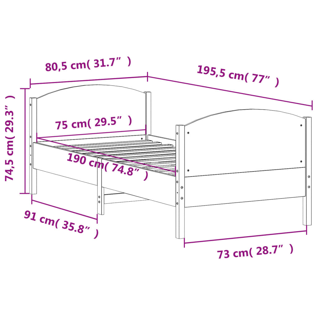 Giroletto con Testiera Bianco 75x190 cm Legno Massello di Pino - homemem39