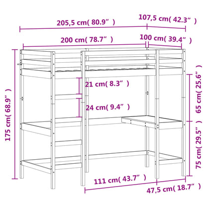 Letto Soppalco con Scrivania Marrone Cera 100x200 cm Legno Pino - homemem39