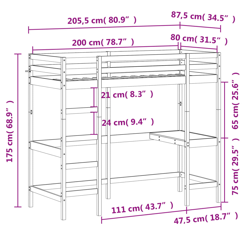 Letto Soppalco con Scrivania Marrone Cera 80x200 cm Legno Pino - homemem39