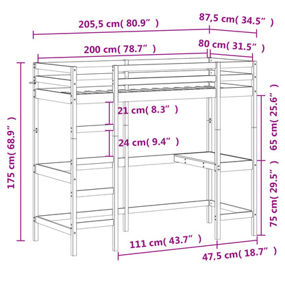 Letto Soppalco con Scrivania Marrone Cera 80x200 cm Legno Pino - homemem39