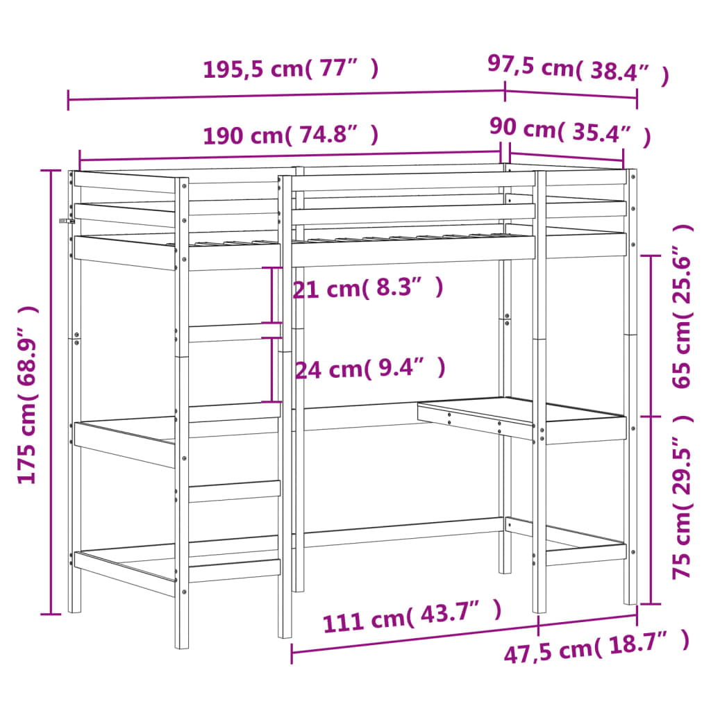 Letto Soppalco con Scrivania Marrone Cera 90x190 cm Legno Pino - homemem39