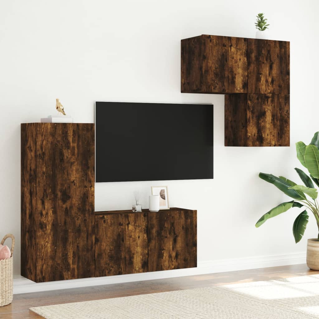 Mobili TV a Muro 4pz Rovere Fumo in Legno Multistrato - homemem39