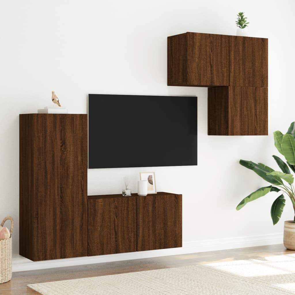 Mobili TV a Muro 4pz Rovere Marrone in Legno Multistrato - homemem39