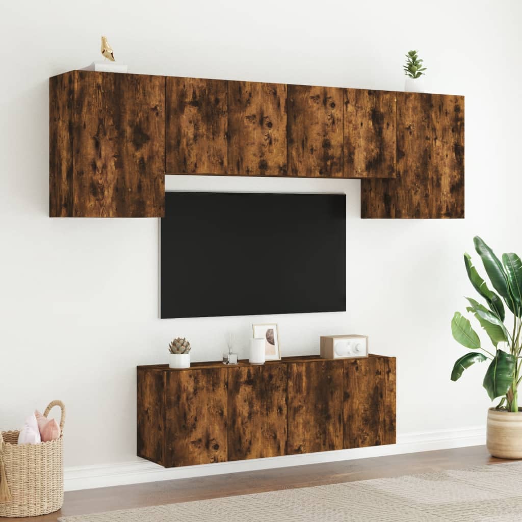 Mobili TV a Muro 6pz Rovere Fumo in Legno Multistrato - homemem39