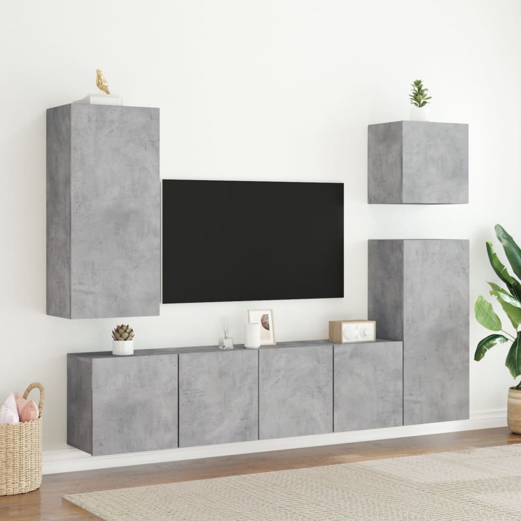 Mobili TV a Muro con LED 5pz Grigio Cemento Legno Multistrato - homemem39