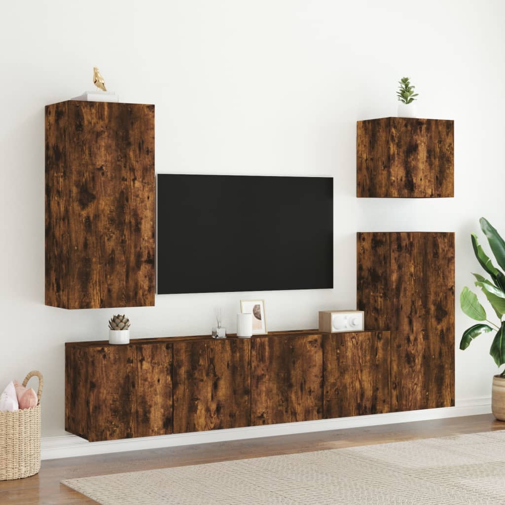 Mobili TV a Muro 5pz Rovere Fumo in Legno Multistrato - homemem39