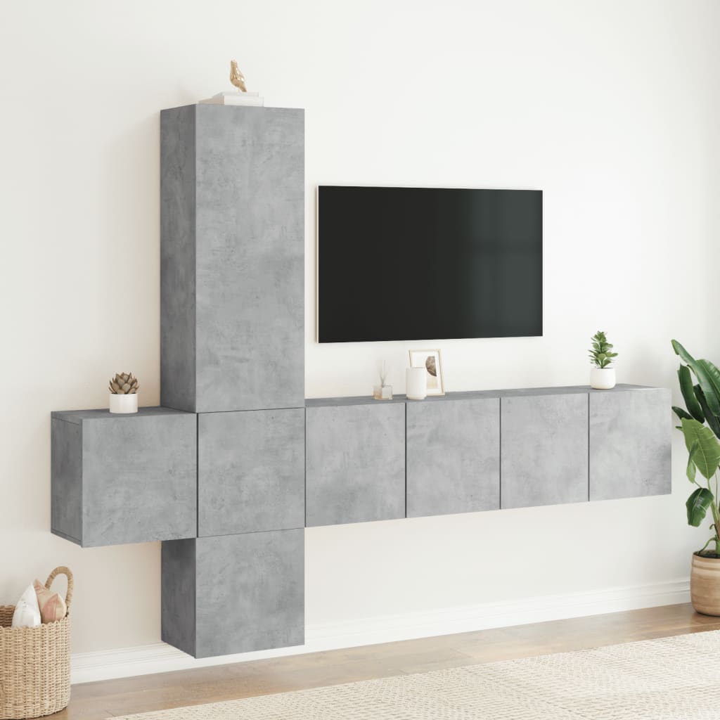 Mobili TV a Muro con LED 5pz Grigio Cemento Legno Multistrato - homemem39