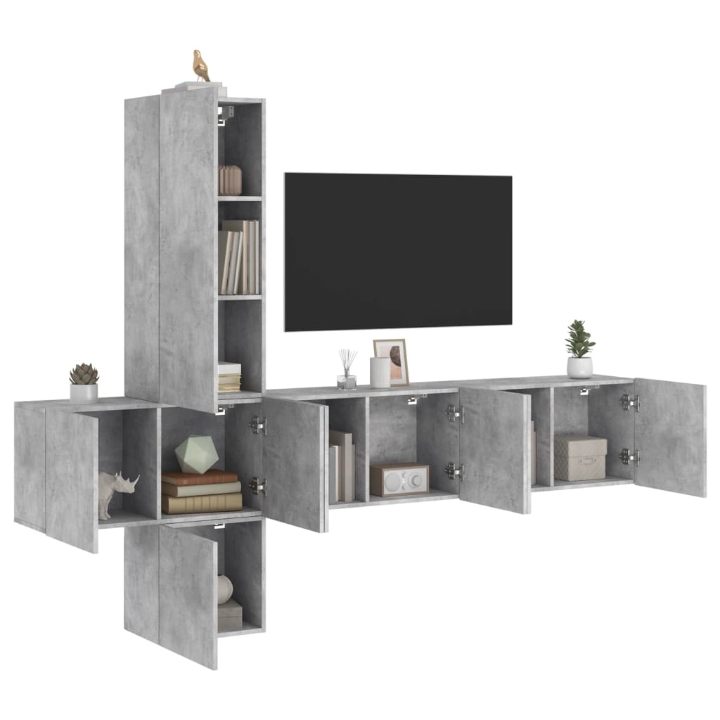 Mobili TV a Muro con LED 5pz Grigio Cemento Legno Multistrato - homemem39