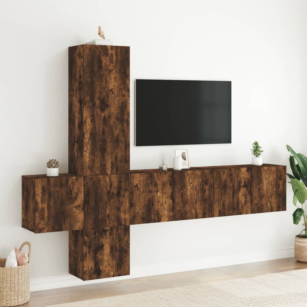 Mobili TV a Muro 5pz Rovere Fumo in Legno Multistrato - homemem39