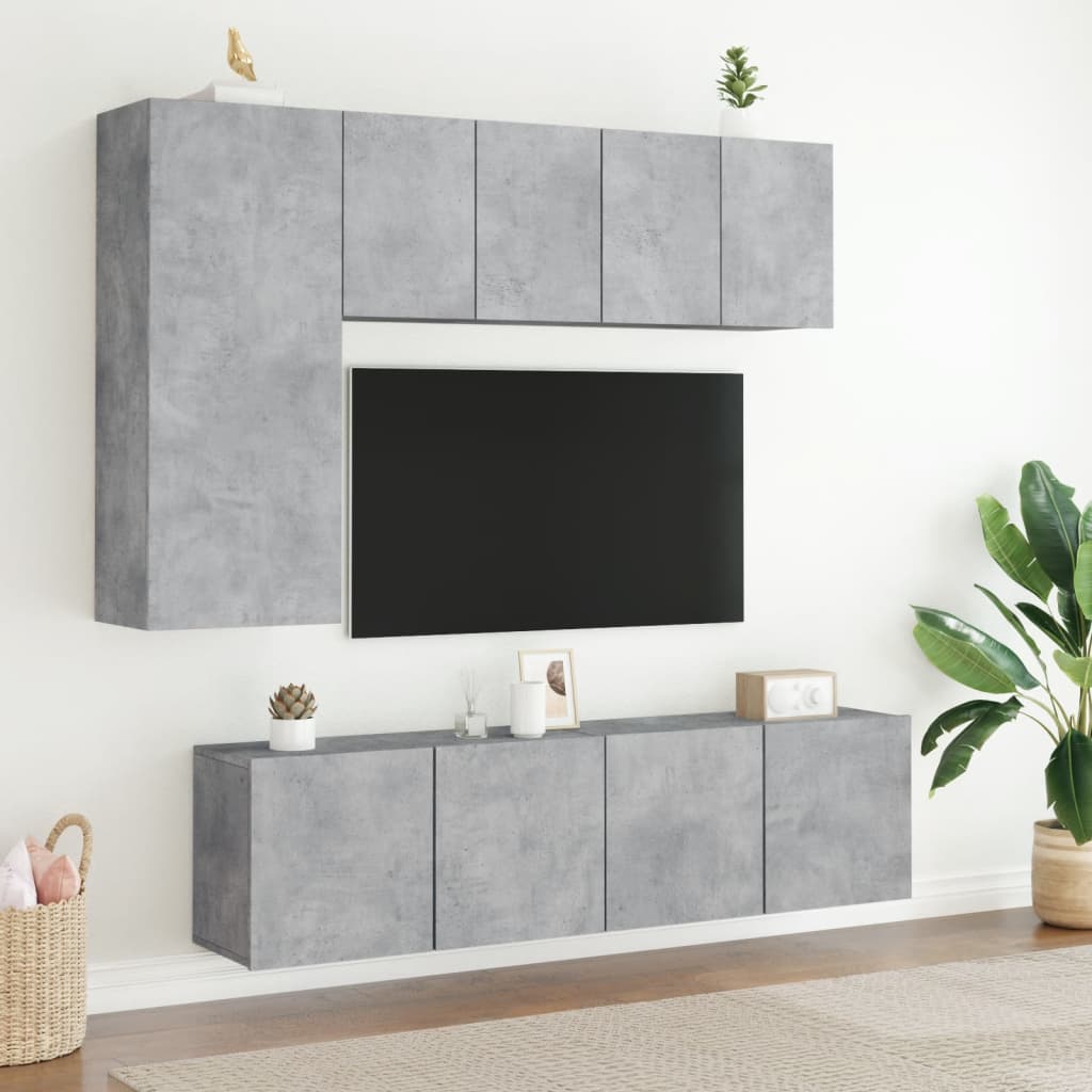 Mobili TV a Muro con LED 5pz Grigio Cemento Legno Multistrato - homemem39