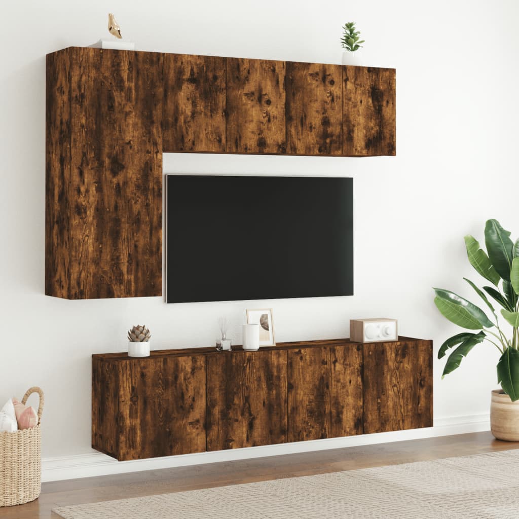 Mobili TV a Muro 5pz Rovere Fumo in Legno Multistrato - homemem39