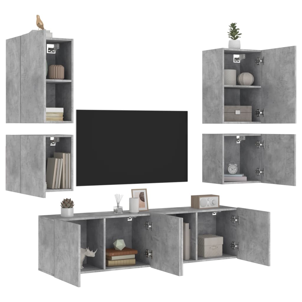 Mobili TV a Muro 6pz Grigio Cemento Legno Multistrato - homemem39