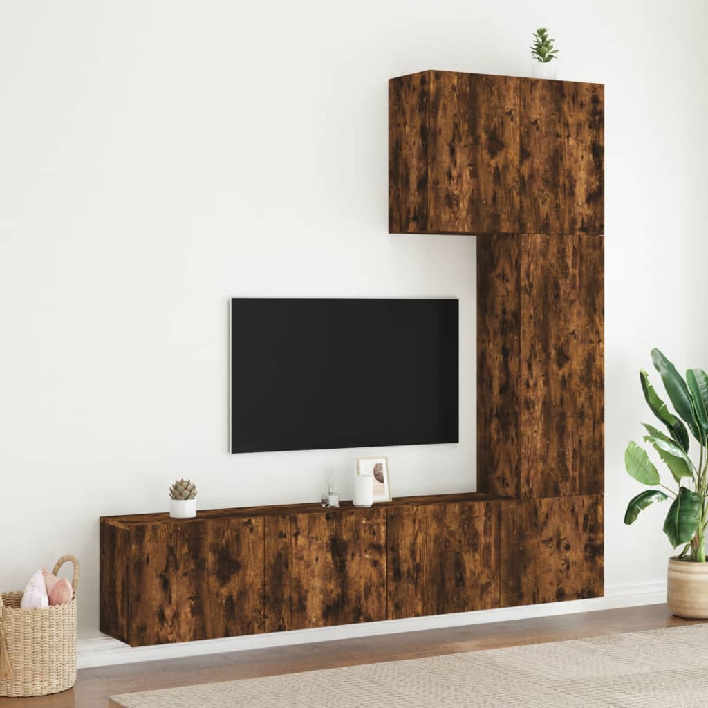 Mobili TV a Muro 5pz Rovere Fumo in Legno Multistrato - homemem39