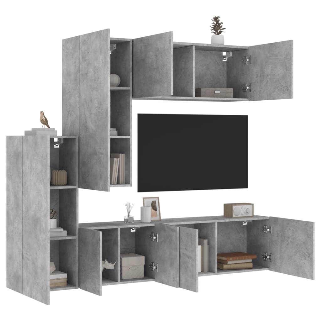 Mobili TV a Muro con LED 5pz Grigio Cemento Legno Multistrato - homemem39