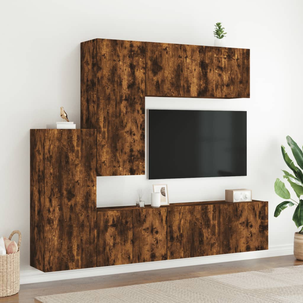 Mobili TV a Muro 5pz Rovere Fumo in Legno Multistrato - homemem39