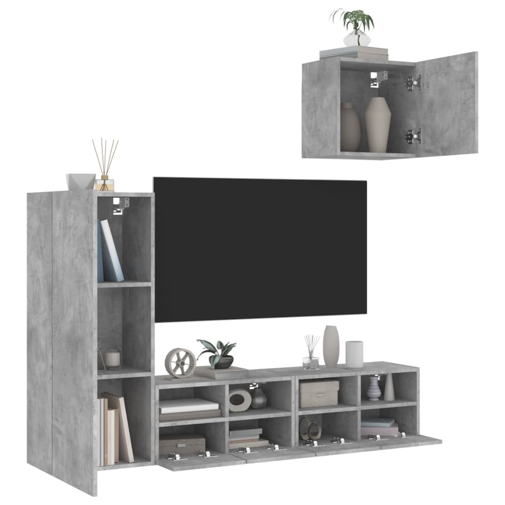 Mobili TV a Muro con LED 4pz Grigio Cemento Legno Multistrato - homemem39