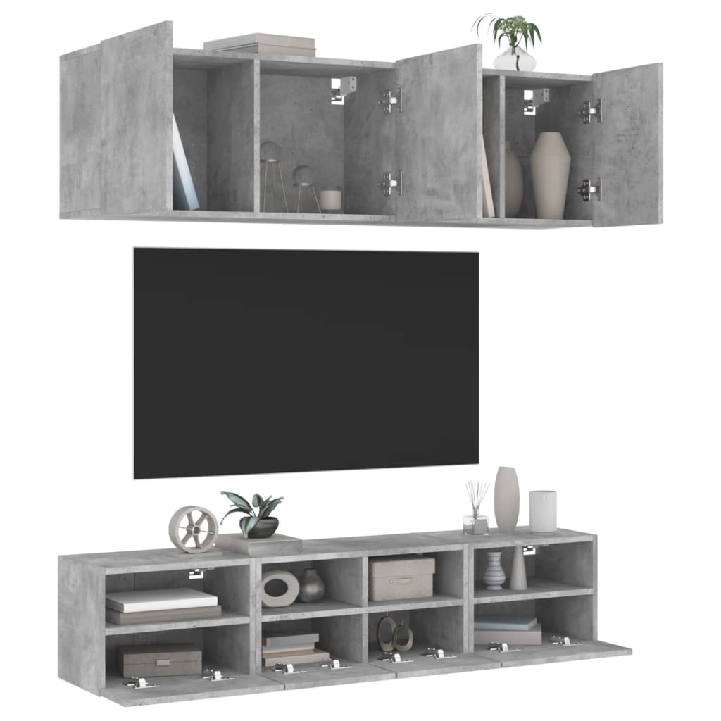 Mobili TV a Muro con LED 5pz Grigio Cemento Legno Multistrato - homemem39