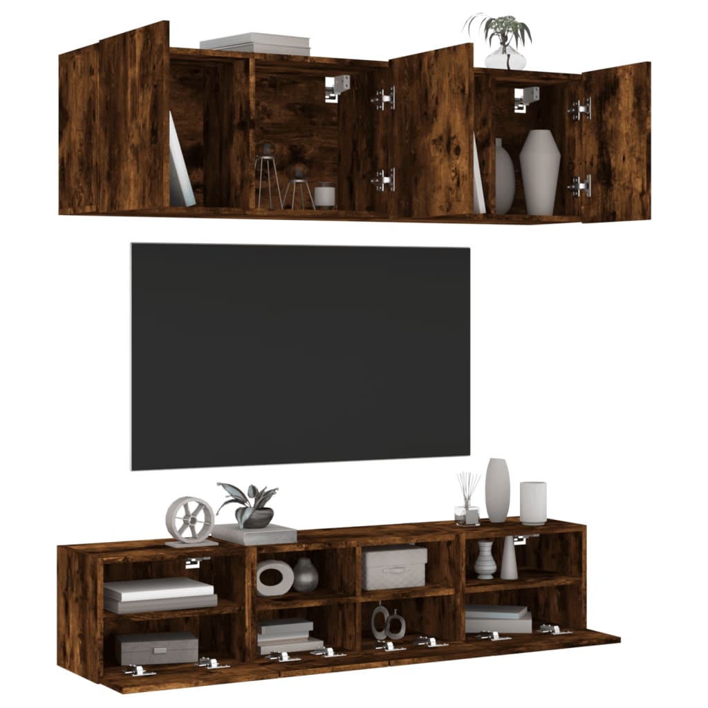 Mobili TV a Muro 5pz Rovere Fumo in Legno Multistrato - homemem39