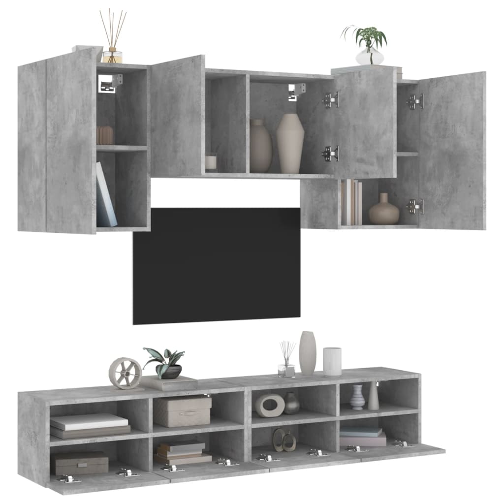 Mobili TV a Muro con LED 5pz Grigio Cemento Legno Multistrato - homemem39