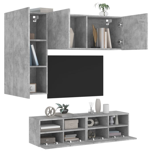 Mobili TV a Muro con LED 4pz Grigio Cemento Legno Multistrato - homemem39