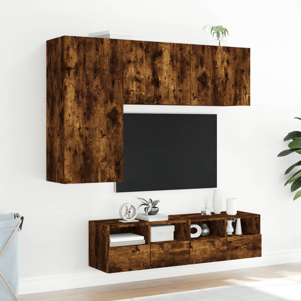 Mobili TV a Muro 4pz Rovere Fumo in Legno Multistrato - homemem39